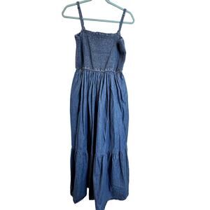 Wrangler Retro Denim Maxi Dress Sz Large Smocked Bodice Boho Western Cowgirl